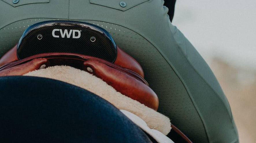 close up back view of sage riding tights with faux pockets and belt