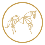 A minimalist golden geometric horse design, composed of angular shapes, is centered within a white circle with a gold border. The art style is reminiscent of origami, giving the impression of a horse in mid-stride.