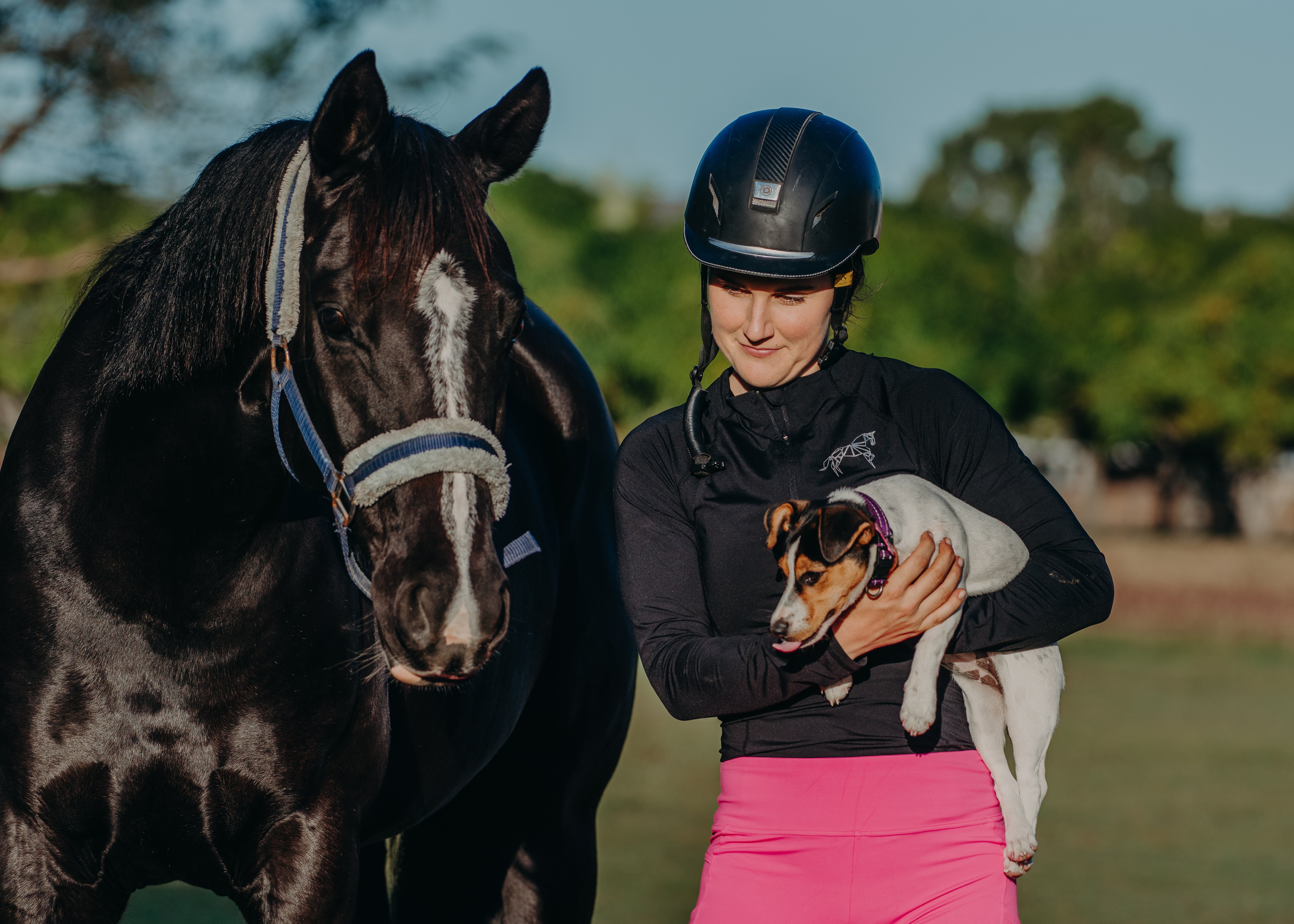 A person wearing a helmet and a black long-sleeve shirt holds a small dog while standing next to a black horse with a white stripe on its face. The person is also wearing bright pink pants. Trees and a grassy area are visible in the background.