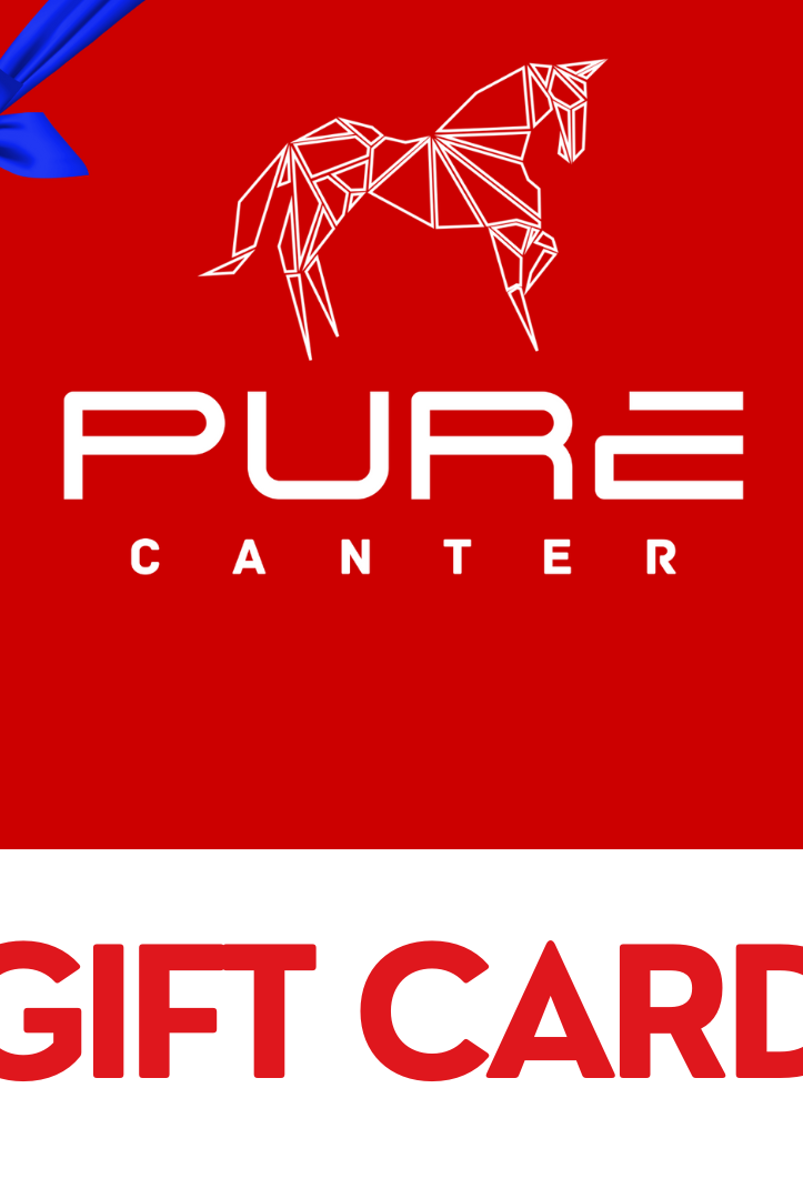 A Pure Canter E-Gift Card with a blue ribbon in the top-left corner. The card features a geometric horse design and the words "PURE CANTER" in white text. Below, "GIFT CARD" is prominently displayed in bold red letters on a white background.