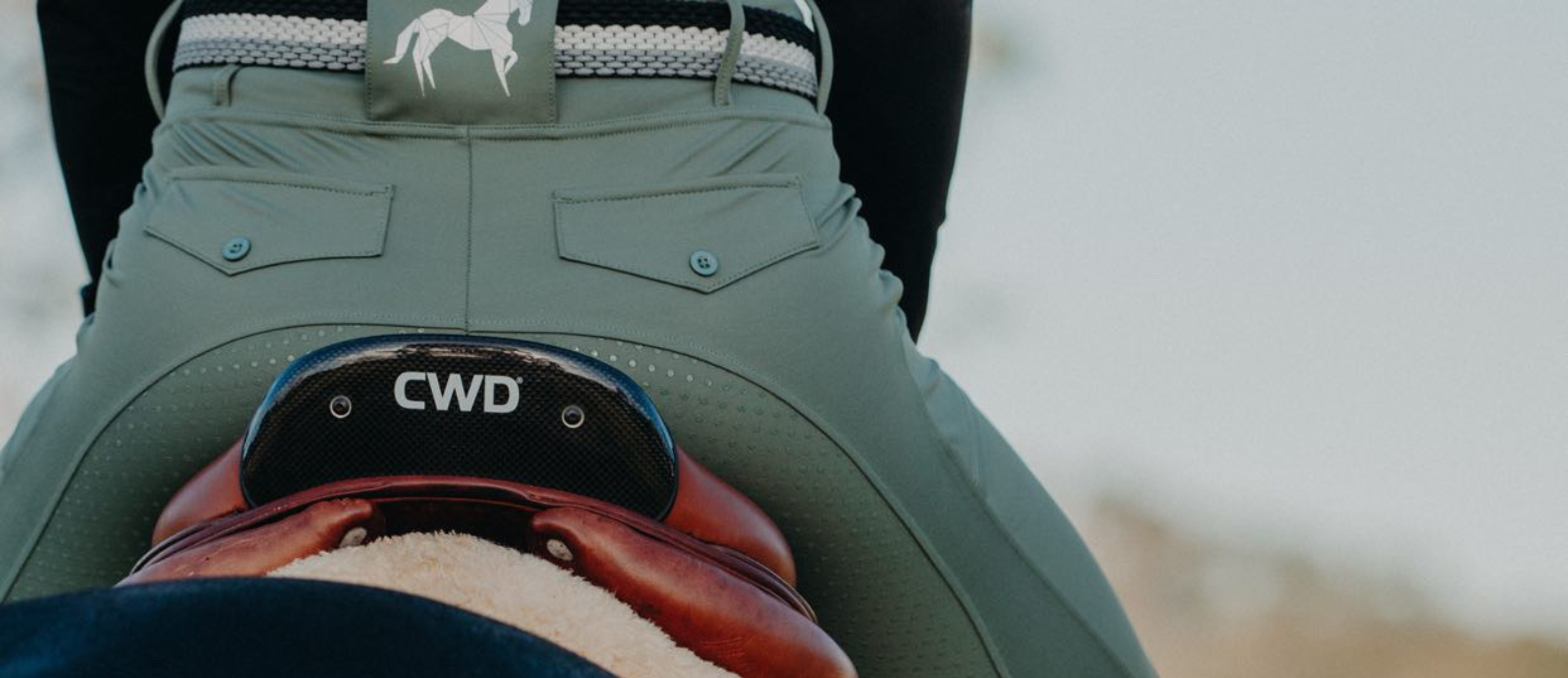 Close-up image of an individual from behind, wearing green riding pants, seated on a saddle with a CWD brand logo, while riding a horse. The image also shows a small white horse logo on the waistband of the pants.