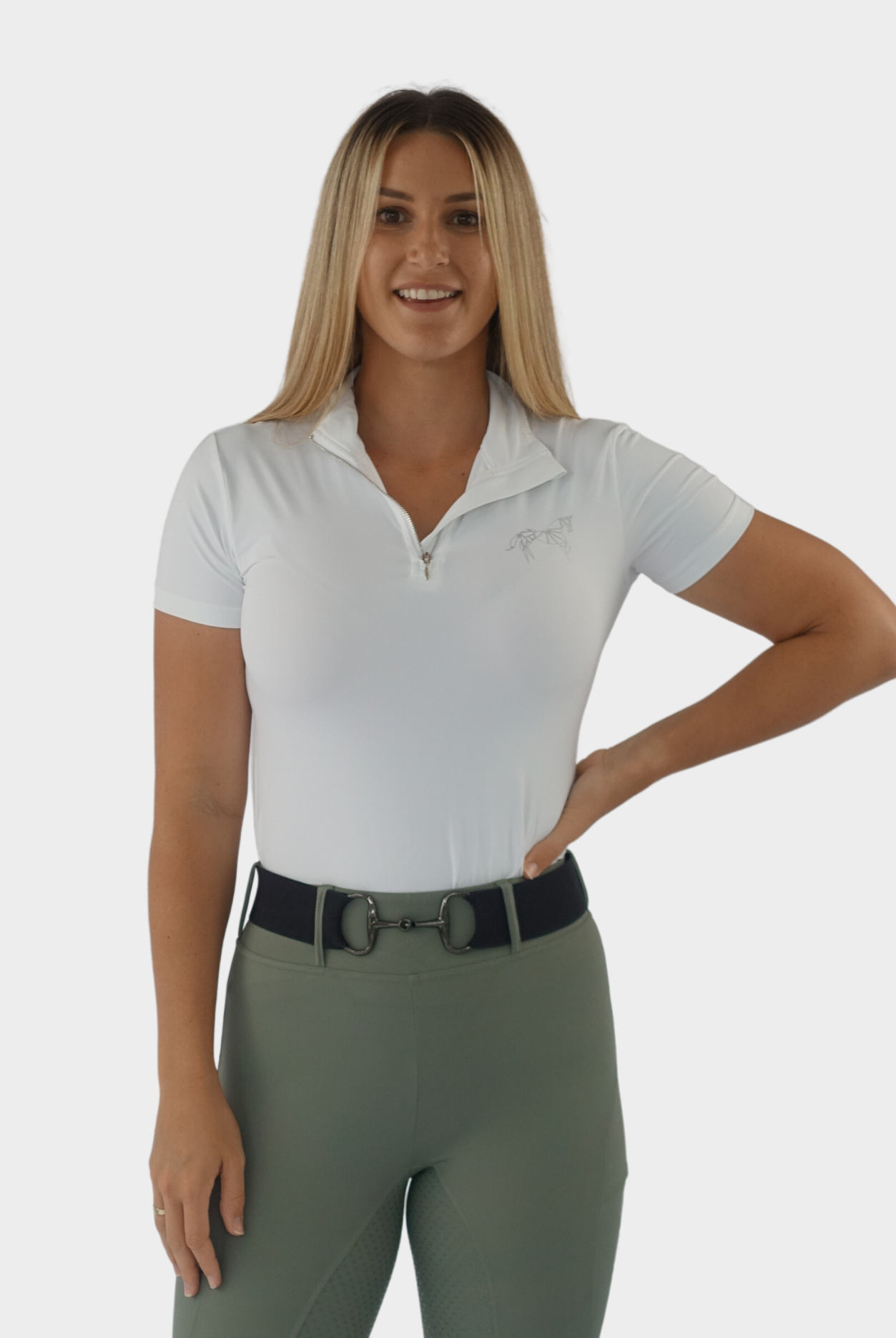 Versatile white equestrian base layer suitable for various disciplines, from dressage to show jumping, providing comfort and style.